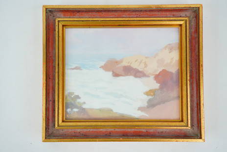 American School Coastal Landscape, c. 1900s: American School (Early 20th Century) Coastal Landscape, c. 1900s - A luminous coastal landscape depicting waves crashing against rocky outcrops under a soft sky, painted in a muted yet expressive pale