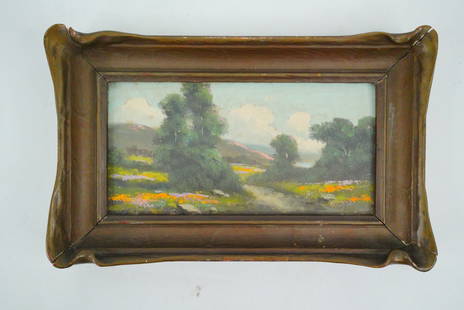 Continental School Wildflower Landscape Painting: Continental School (Early 20th Century) Wildflower Landscape Oil on Board Painting (Framed) - A charming miniature landscape depicting a tree-lined country path flanked by vibrant wildflowers, with so
