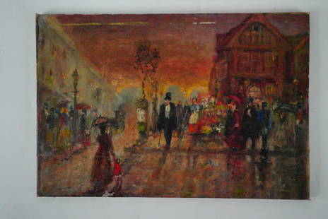 French School (Early 20th C.) Parisian Street Scene: French School (Early 20th Century) Parisian Street Scene Oil on Board Painting - A charming and atmospheric depiction of a rainy day in Belle Epoque Paris, with well-dressed figures strolling under um