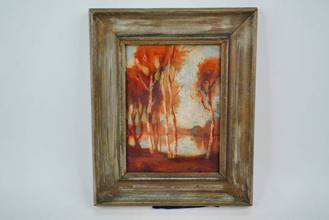 Midcentury American School Oil on Board Landscape: Midcentury American School Oil on Board Landscape, Allied Artists Guild (Framed) - Charming mid-20th century American School oil painting on board, depicting a stylized woodland landscape with tall tr