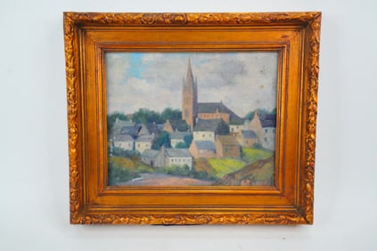 Charming Oil Painting of European Village (Framed)
