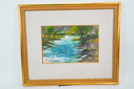 Ramon Kelley "Mountain Stream" Oil on Primed Paper: Ramon Kelley (American, b. 1939) "Mountain Stream" Oil on Primed Paper (Framed) - A vibrant impressionistic river landscape by celebrated American painter Ramon Kelley, titled Mountain Stream. Execute