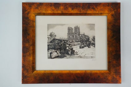 Notre-Dame and Bouquinistes, Paris Etching on Paper