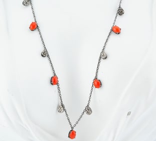 7mm Red Coral, 0.85ctw Diamond and Silver 18" Necklace