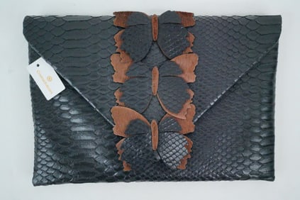 Cristina Sabatini Black Snake-Embossed Leather Clutch