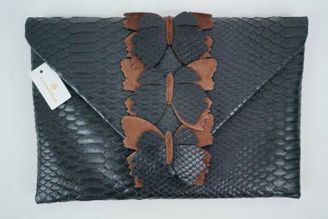 Cristina Sabatini Black Snake-Embossed Leather Clutch: Cristina Sabatini Black Snake-Embossed Leather Clutch/Evening Bag W/Pony Hair Details (New W/Tag) - This lovely clutch by Cristina Sabatini is crafted in black snake-embossed leather in an envelope st