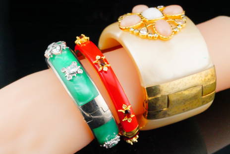 Cristina Sabatini (3) Resin and Gemstone Bangles: Lot of (3) Cristina Sabatini Resin and Semi-Precious Gemstone Bangles - This lot includes (3) bangle bracelets made by Cristina Sabatini. The lot includes: 1. wide yellow resin and gold tone metal ban