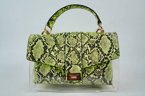 Snake Print Leather and Clear Vinyl Top Handle Bag: Contemporary Neon Green Snake Print Leather and Clear Vinyl Top Handle Bag - This handbag is crafted in neon green and black snake print leather with clear vinyl and gold tone hardware. The handbag in