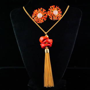 Cristina Sabatini Coral Accented Necklace and Earrings: Cristina Sabatini Italian Red and Angel Skin Coral, Resin, and 18K Gold Plated Necklace and Earrings - This lovely paired set includes an 18k gold plated necklace and earrings made by Cristina Sabatin