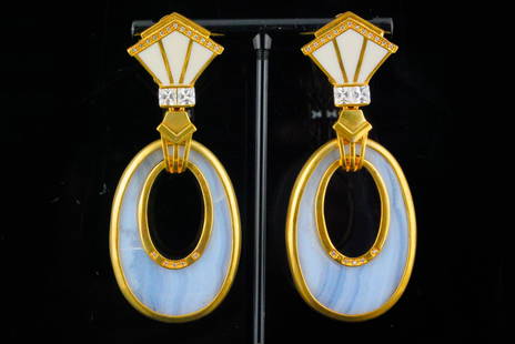 Cristina Sabatini Agate and Resin Gold Plated Earrings: Cristina Sabatini Blue Agate, Crystal, Resin and 18K Gold Plated 2.75" Drop Earrings - These lovely Cristina Sabatini earrings are crafted in 18k gold plated brass with beautiful blue agate, cream-col