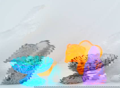 Collection of Art Glass and Stone Figurines: Collection of Art Glass and Stone Figurines - This is a whimsical and colorful collection of seven decorative art glass and carved stone figurines, featuring a variety of forms, textures, and finishes