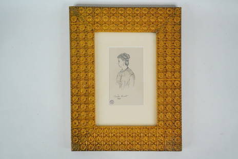 After Claude Monet "Woman in Profile 1867" Print: After Claude Monet "Portrait of a Woman in Profile 1867" Print (Framed) - Framed graphite-style print after Claude Monet. This delicate rendering shows a refined woman in profile, drawn with subtle sh