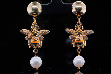 Cristina Sabatini 9.5mm Pearl Gold Plated Bee Earrings: Cristina Sabatini 9.5mm Pearl, Crystal and 18K Gold Plated 2.25" Bee Drop Earrings - These earrings from Cristina Sabatini are crafted in 18k gold plated brass and have a lovely bee motif suspending 9