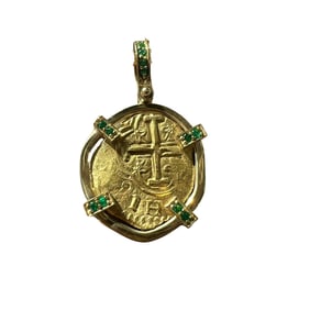 1650s Shipwreck Gold Coin: MS62 in 18K and Emerald Mount