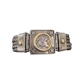 Ancient Greek Silver AR Drachm in Sterling/14K Bracelet