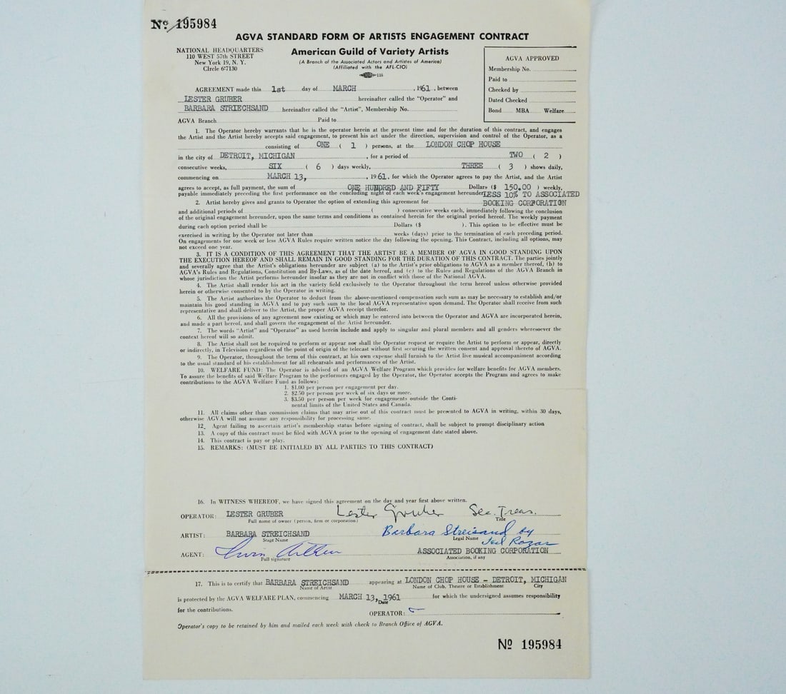 Barbra Streisand Signed March 1961 AGVA Contract