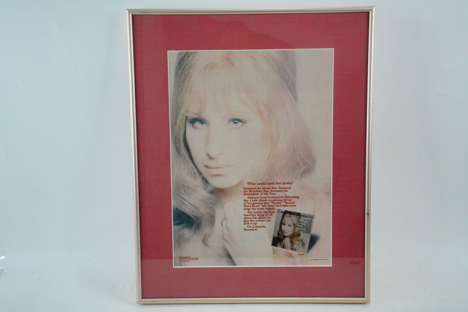 Barbra Streisand's Greatest Hits Vintage Poster: Barbra Streisand's Greatest Hits Vintage Columbia Records Poster (Framed) - This is an original, vintage poster released by Columbia Records promoting Barbra Streisand's Greatest Hits Album, originall