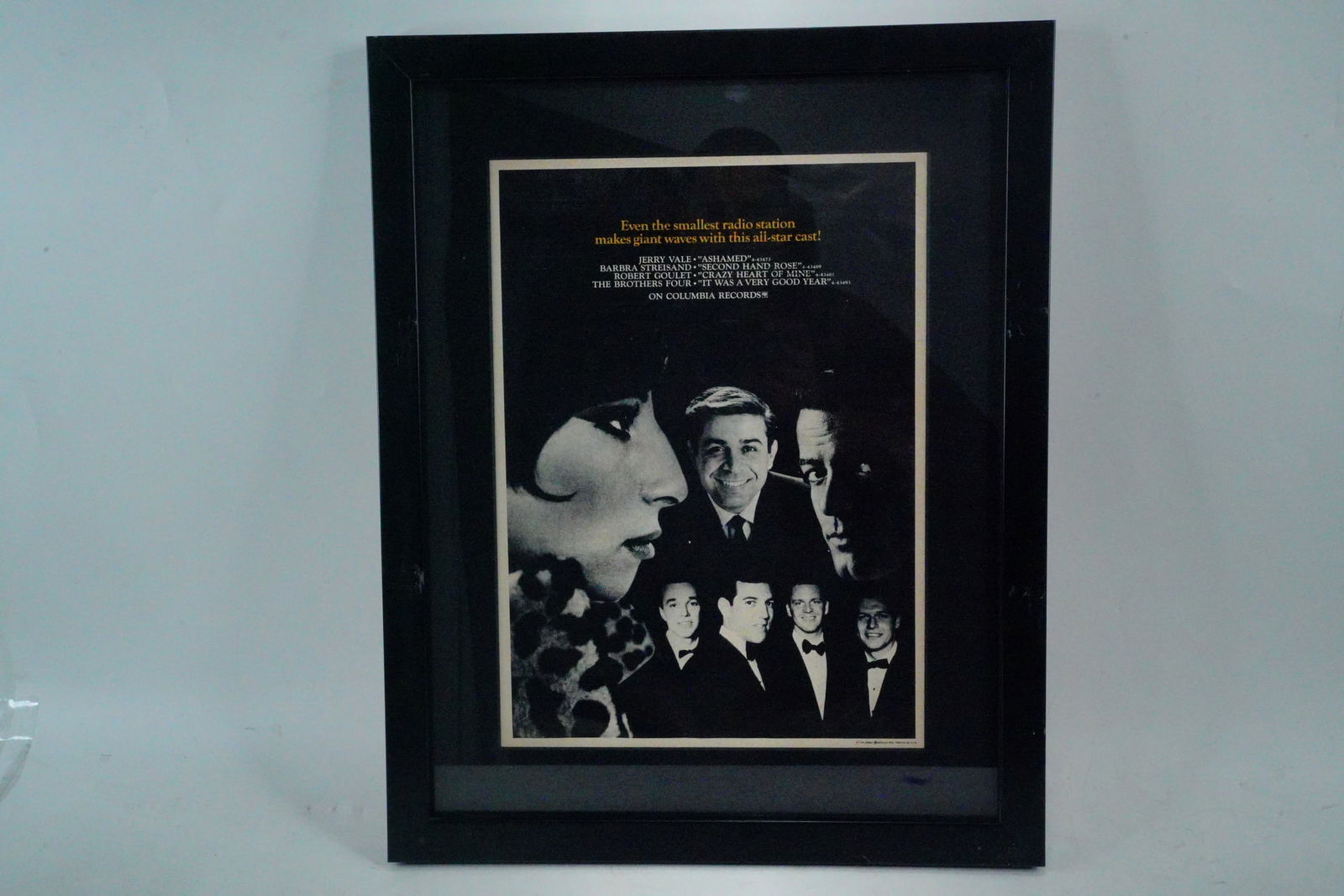 Framed Vintage Columbia Records Radio Poster: Framed Vintage Columbia Records Radio Poster - This is an original, vintage poster released by Columbia Records promoting their lineup of most popular radio artists of the 1960s, including Barbra Stre