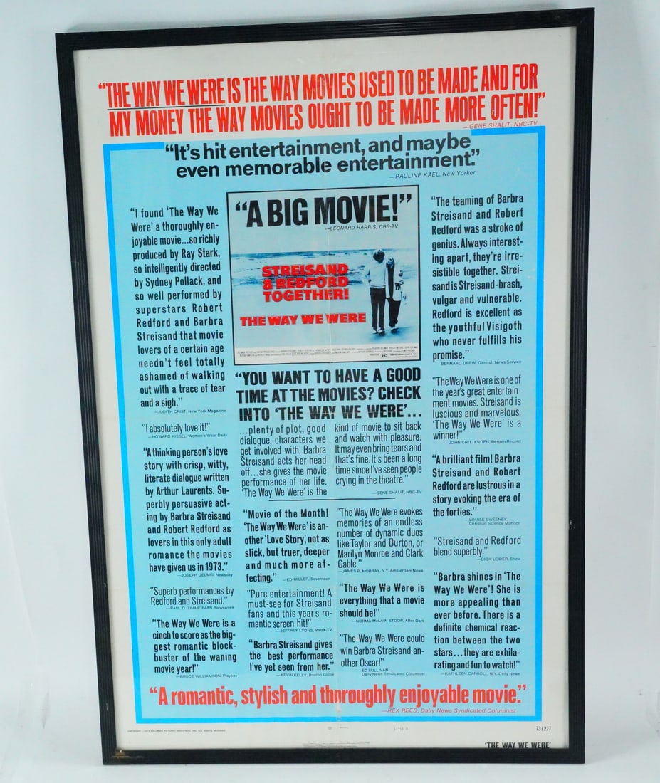 The Way We Were (1973) Critical Praise Promo Poster: The Way We Were (1973) Original U.S. Critical Praise Promotional Poster, Columbia Pictures (Framed) - Offered here is an original studio-issued promotional poster for The Way We Were (1973), starring