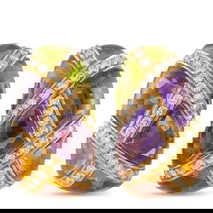 1.60ctw Diamond, Multi-Gemstone and 18K Earrings: 1.60ctw SI1-SI2/G-H Diamond, Multi-Gemstone and 18K Yellow Gold Earrings - These luxurious earrings make a lasting impression with their vibrant mix of amethyst, citrine, and peridot stones set in ele