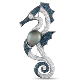 Mikimoto 2.50ctw Diamond, Sapphire, Pearl, Platinum Brooch