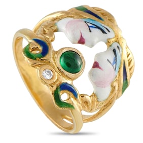 18K Yellow Gold, Diamond, Emerald and Enamel Ring