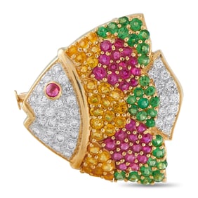 4.10ctw Multi-Gemstone, 0.75ctw Diamond, 18K Fish Brooch