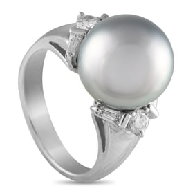 12.2mm Pearl, 0.40ctw Diamond and Platinum Ring