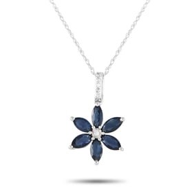 14K White Gold and Blue Sapphire Flower Necklace