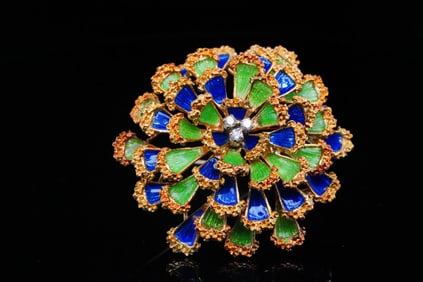 Mid-Century Solid 18K Gold, Enamel and Diamond Brooch