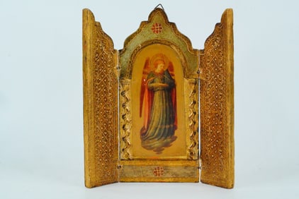 c. 1880 Florentine Hand-Painted Triptych W/Gilt Gold