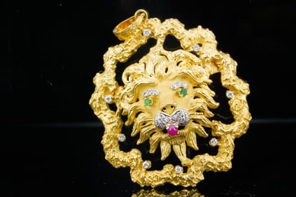 Vintage 18K Gold, Diamond, Ruby, Emerald Lion Pendant