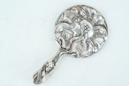 Unger Brothers Art Nouveau Sterling Silver Hand Mirror