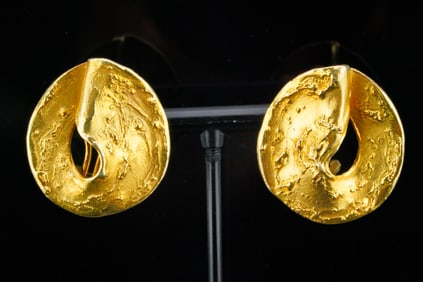 Sculptural 14K Gold Textured Modernist Designer Earrings