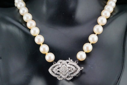 8.8mm Pearl, 0.85ctw Diamond and 14K 17" Necklace