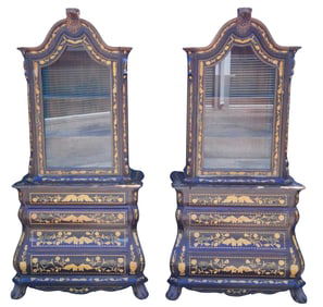 Pair of Continental Inlaid Bombe Cabinets (Vitrines)
