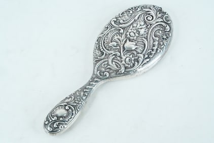 Antique Sterling Silver Floral Repousse Hand Mirror