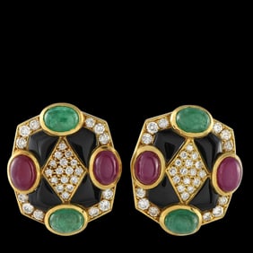 6.50ctw Ruby, 5.00ctw Emerald, 2.40ctw Diamond Earrings