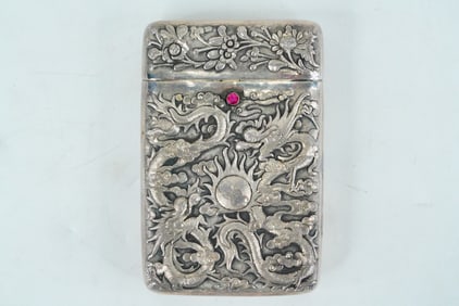 Chinese Antique 900 Silver Dragon Cigarette Case W/Ruby