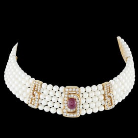5.00ctw Diamond, 4.80ct Ruby, Pearl, and 18K Necklace
