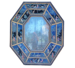 Antique Painted Glass Mirror with Pastoral Scenes