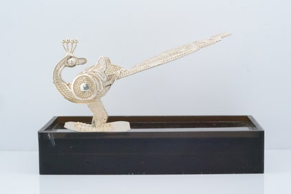Silver Filigree Peacock Figurine in Display Case