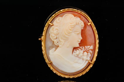 14K Yellow Gold Carved Shell Cameo Brooch/Pendant