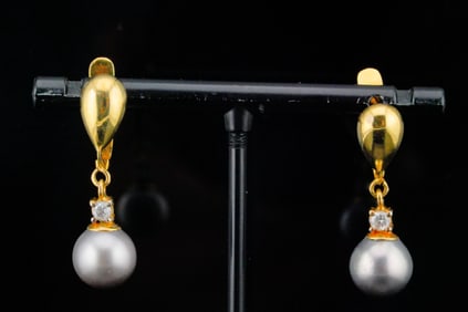 9.3mm Pearl, 0.20ctw Diamond and 14K 1.25" Earrings