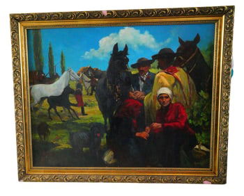 Rural Market Scene Painting with Horses and Figures