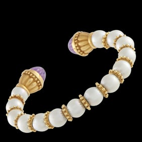 18K Yellow Gold, Pearl and Amethyst Cuff Bracelet