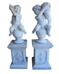 Pair of Italian Carved White Marble Putti Statues