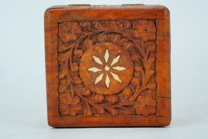 Vintage Hand-Carved Wooden Box with Inlaid Design, India