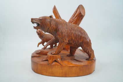 Clement Dube Hand-Carved Wooden Bear Group Sculpture