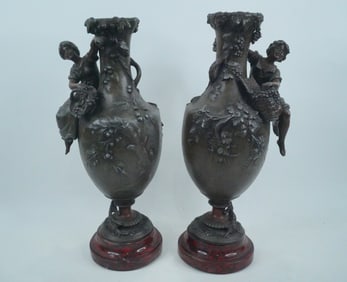 Pair of Vintage Bronze Figural Vases on Marble Bases